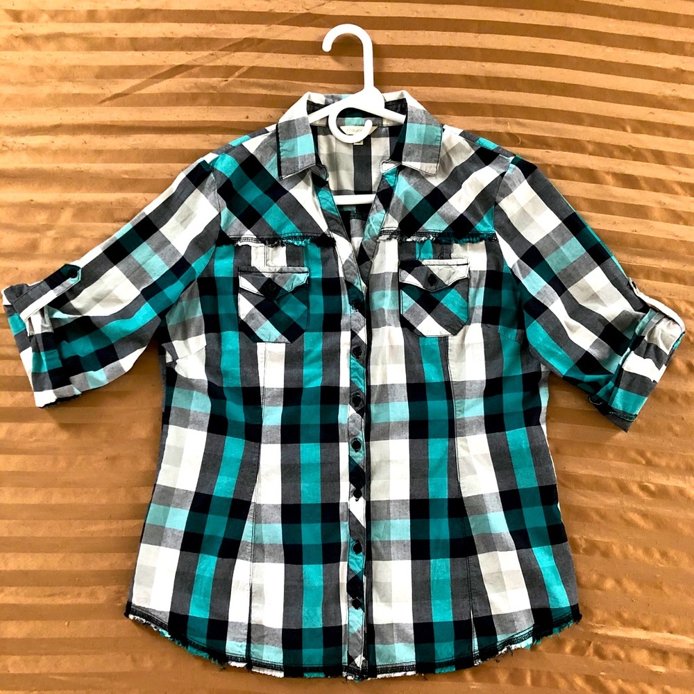 Turquoise Black Plaid Button Shirt